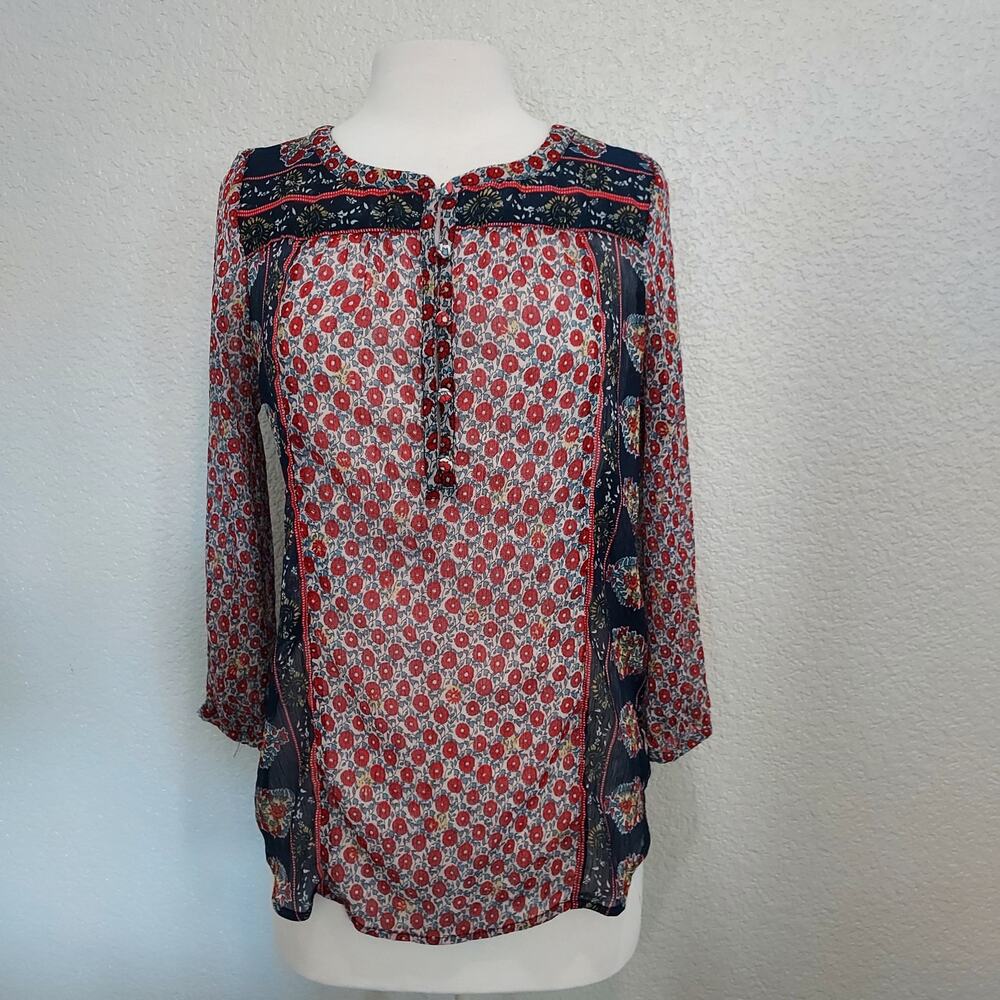 Lucky Brand Red & Blue Floral Print Long Sleeve Size M
